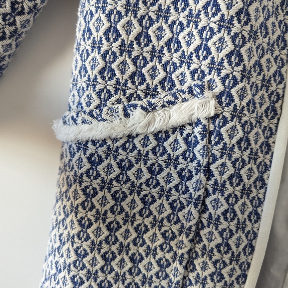 ZARA Basic Women's Size S Blue and White Patterned Coat with Fringe Detail - Picture 6 of 11